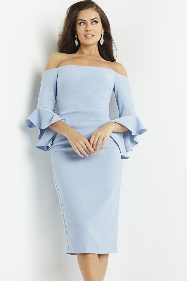 Jovani 07066 Crepe Strapless Bell Sleeves Knee Length Dress