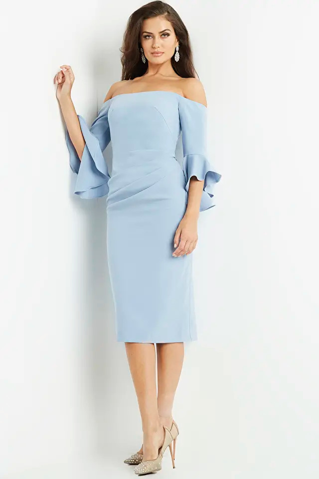 Jovani 07066 Crepe Strapless Bell Sleeves Knee Length Dress