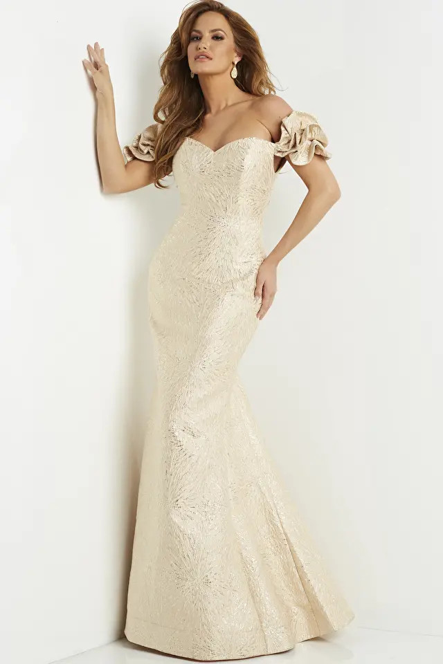 Jovani 07154 Jacquard Off Shoulder Sweetheart Neck Dress