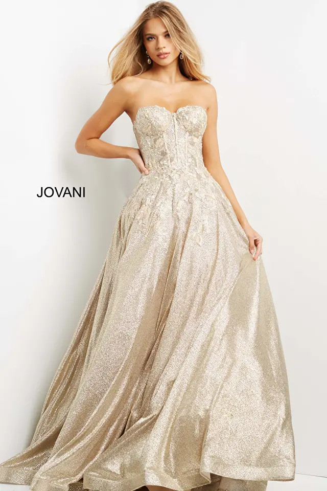 Jovani 07497 Metallic Strapless Sweetheart Neck Long Dress