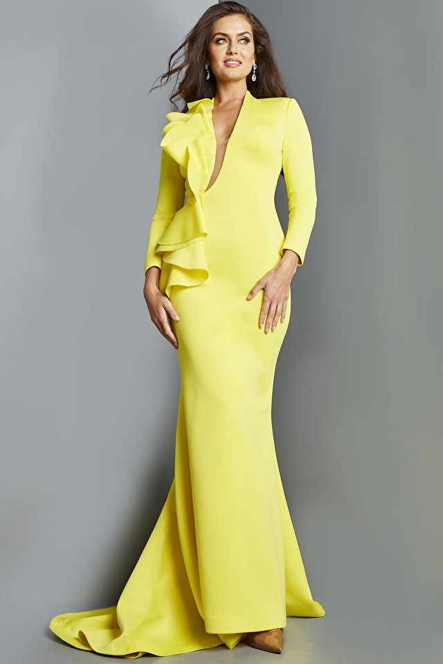 Jovani 07934 Three-Quarter Sleeves V-Neckline Ruffles Dress