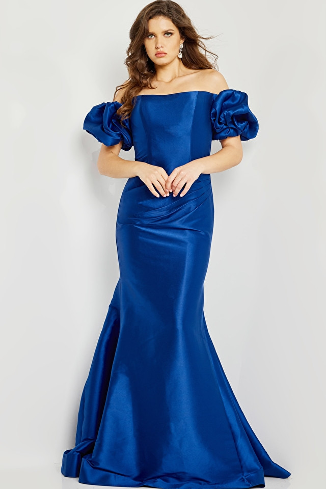 Jovani 08361 Off Shoulder Straight Neck Puffy Sleeve Gown