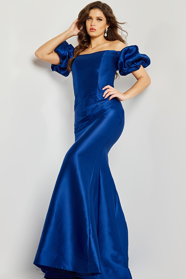 Jovani 08361 Off Shoulder Straight Neck Puffy Sleeve Gown