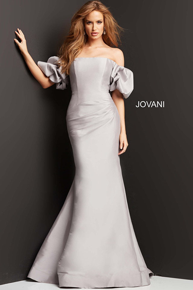 Jovani 08361 Off Shoulder Straight Neck Puffy Sleeve Gown