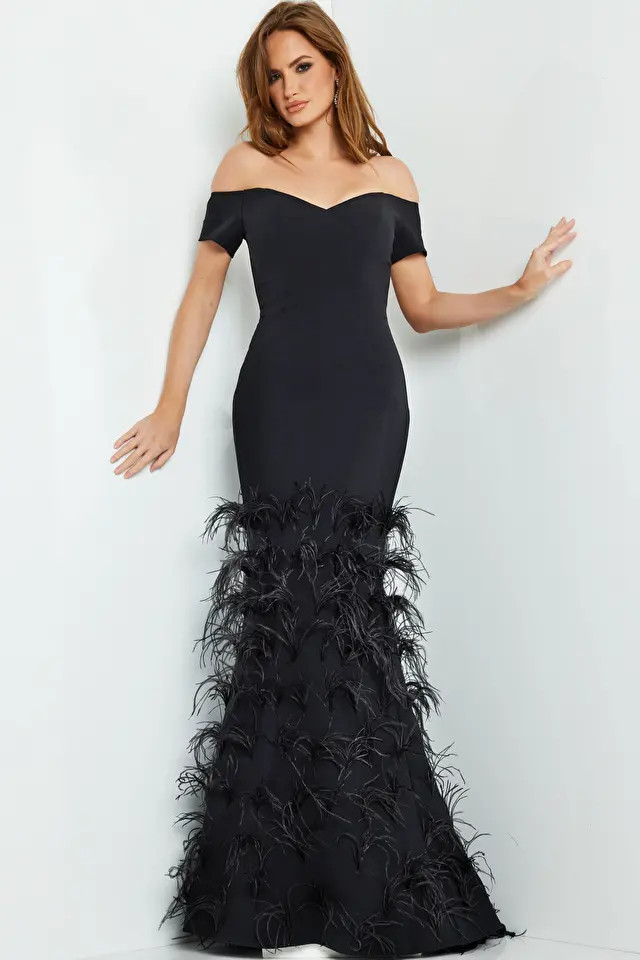 Jovani 08384 Crepe Off Shoulder Feather Skirt Fitted Gown