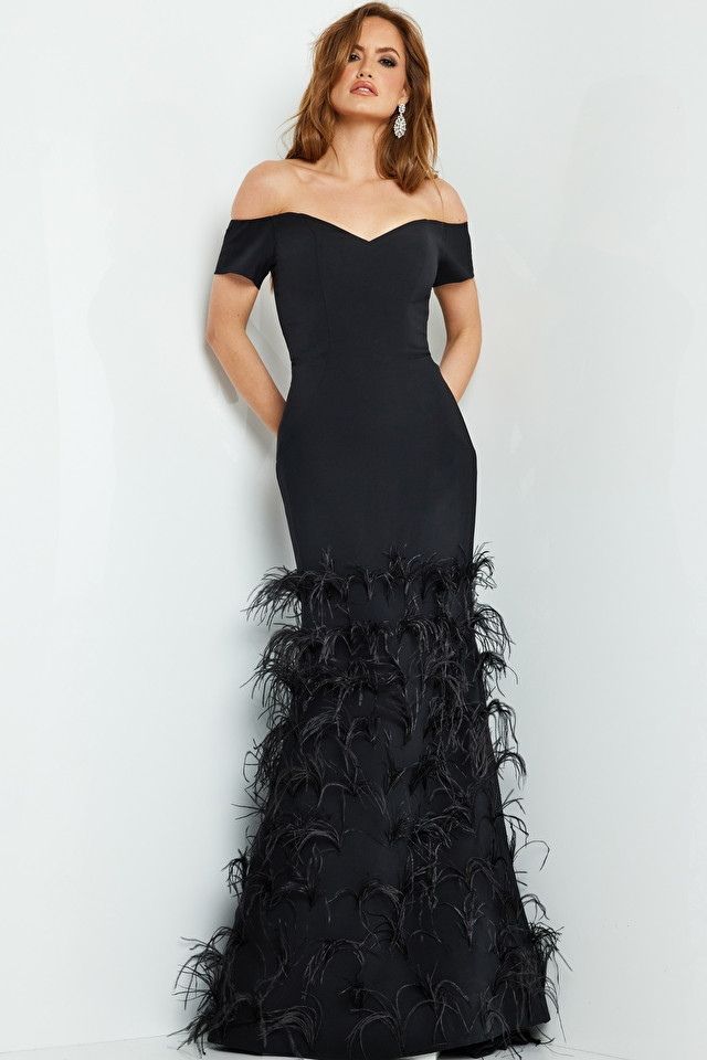 Jovani 08384 Crepe Off Shoulder Feather Skirt Fitted Gown