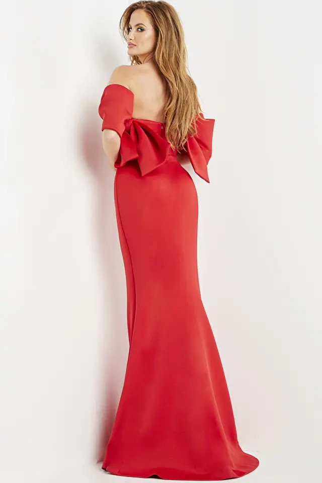 Jovani 09064 Scuba Straight Neck Off Shoulder Fitted Dress