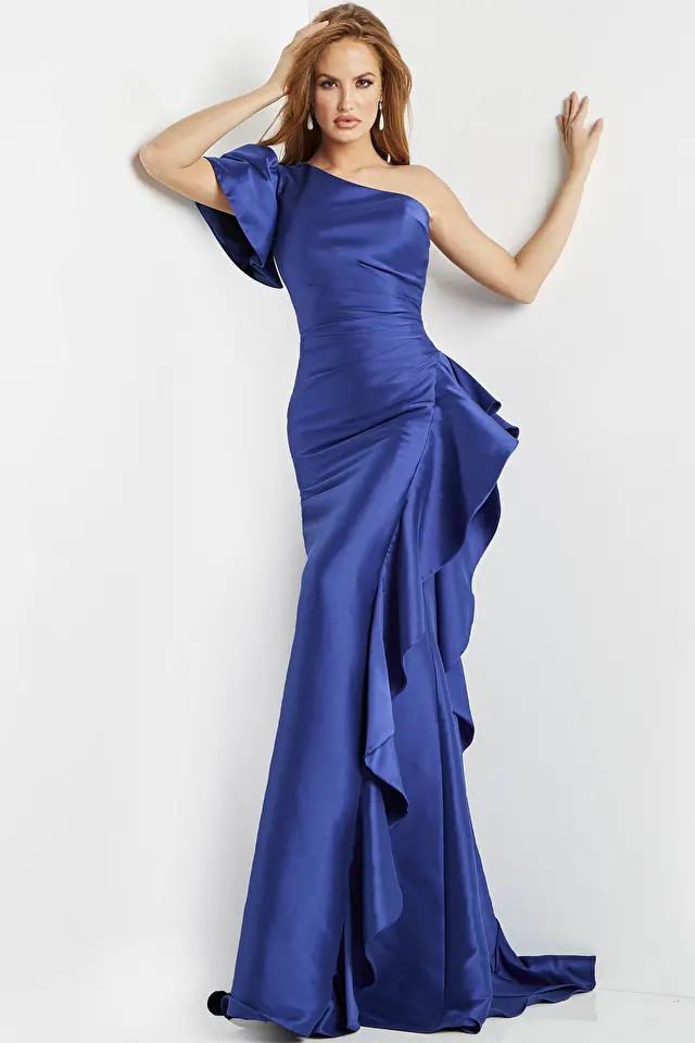 Jovani 09201 Stretch Tafetta One Shoulder Short Sleeve Gown