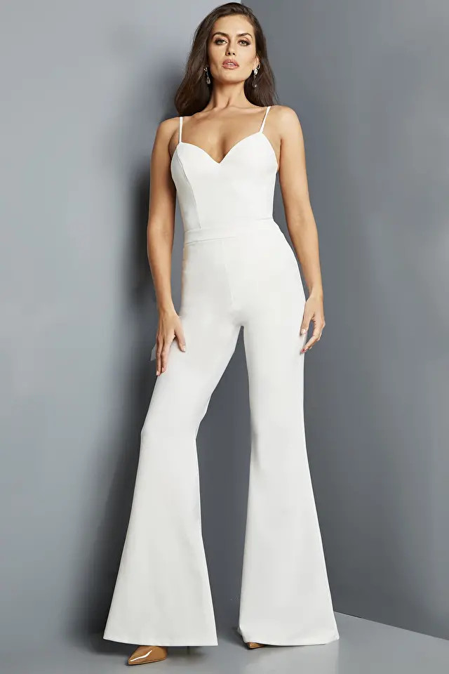 Jovani 09381 Crepe Long Sleeve V-Neck Pleated Jumpsuit