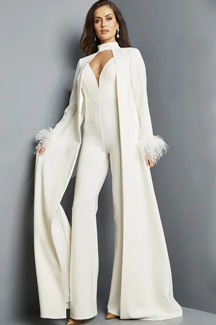 Jovani 09479 Crepe Long Sleeves Plunging Neckline Jumpsuit