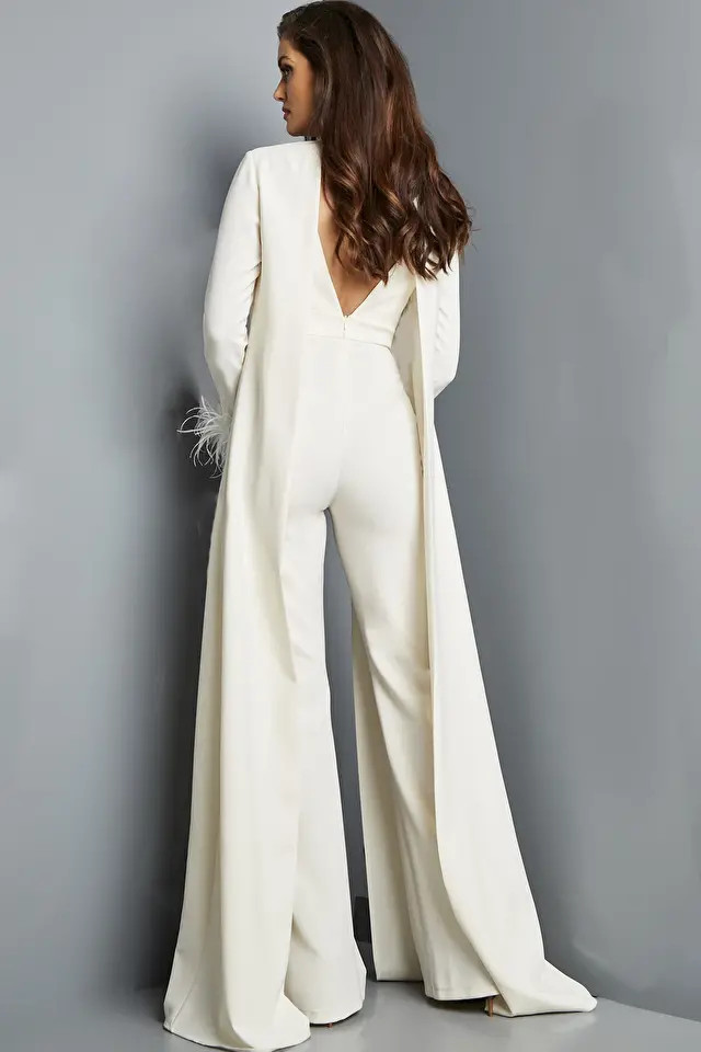 Jovani 09479 Crepe Long Sleeves Plunging Neckline Jumpsuit