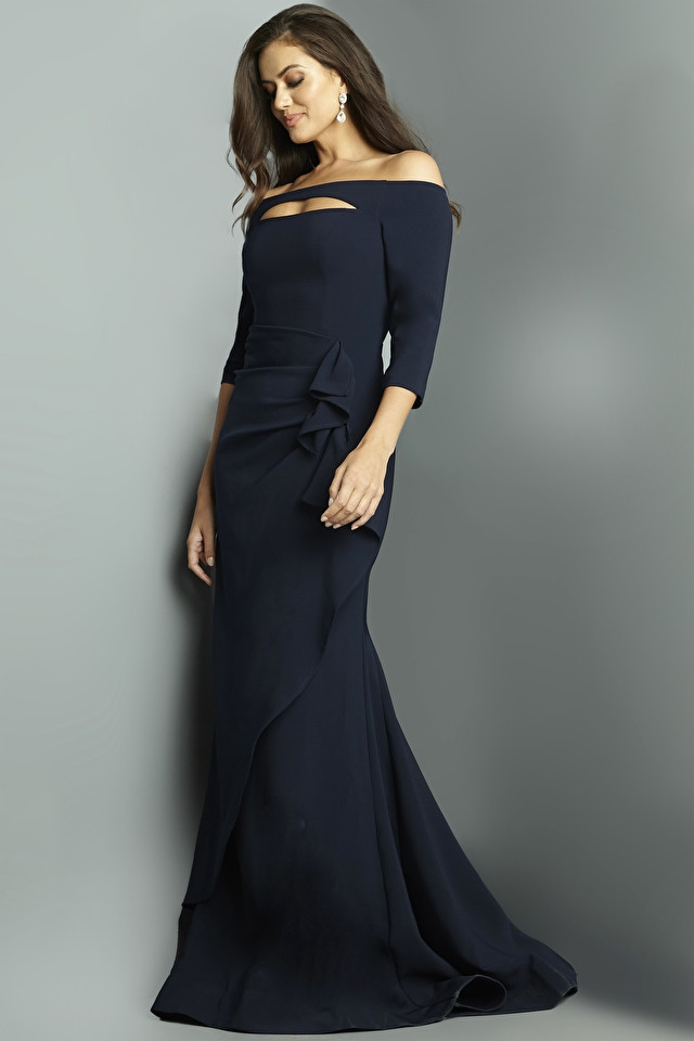 Jovani 09623 Crepe Three-Quarter Sleeve Boat Neck Dress
