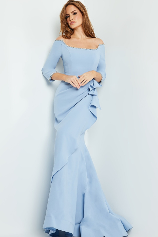 Jovani 23190 Crepe Beaded Square Three Quarter Sleeves Gown