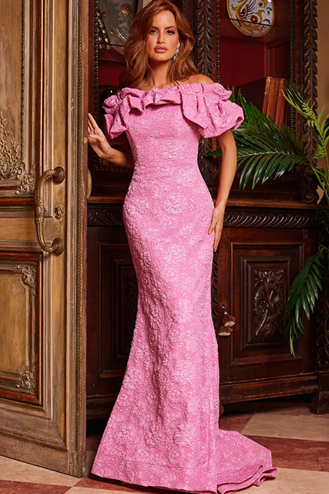 Jovani 23847 Textured Jacquard Off Shoulder Strapless Gown