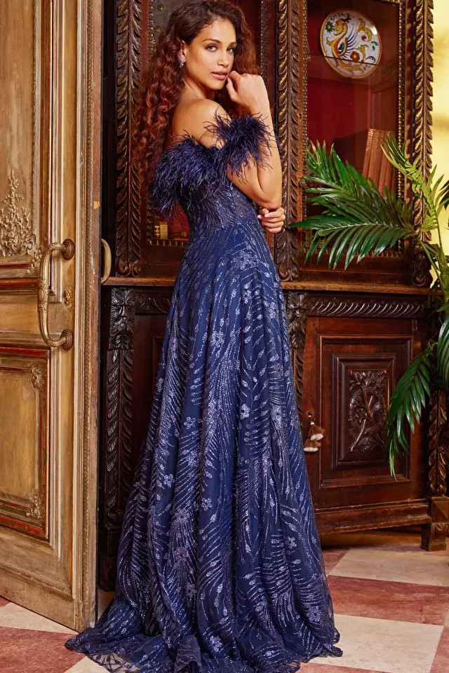 Jovani 23884 Glitter Mesh Embellished Off Shoulder Gown