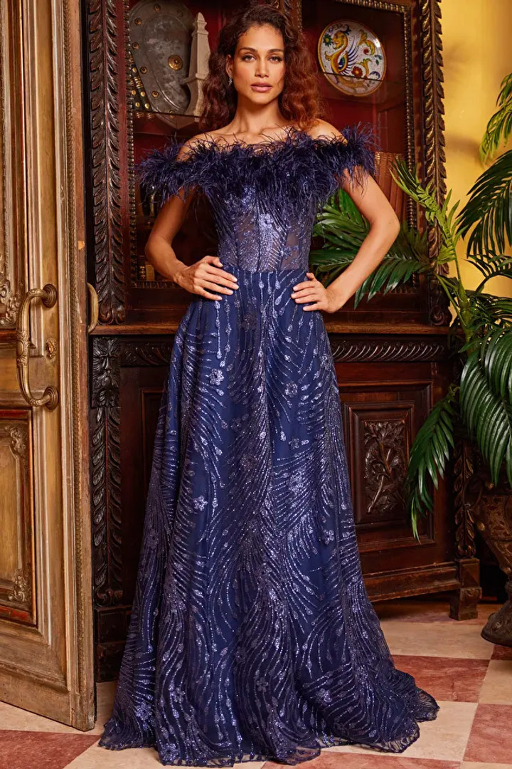 Jovani 23884 Glitter Mesh Embellished Off Shoulder Gown