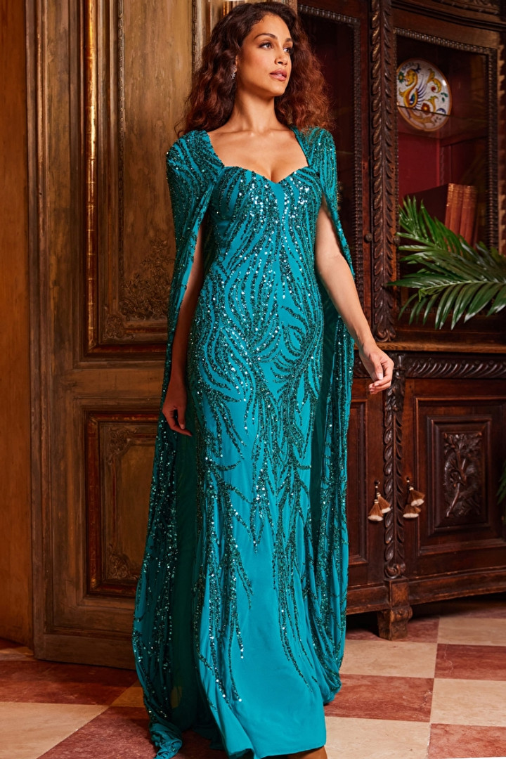 Jovani 23891 Beaded Stretch Mesh Embellished Cape Long Gown