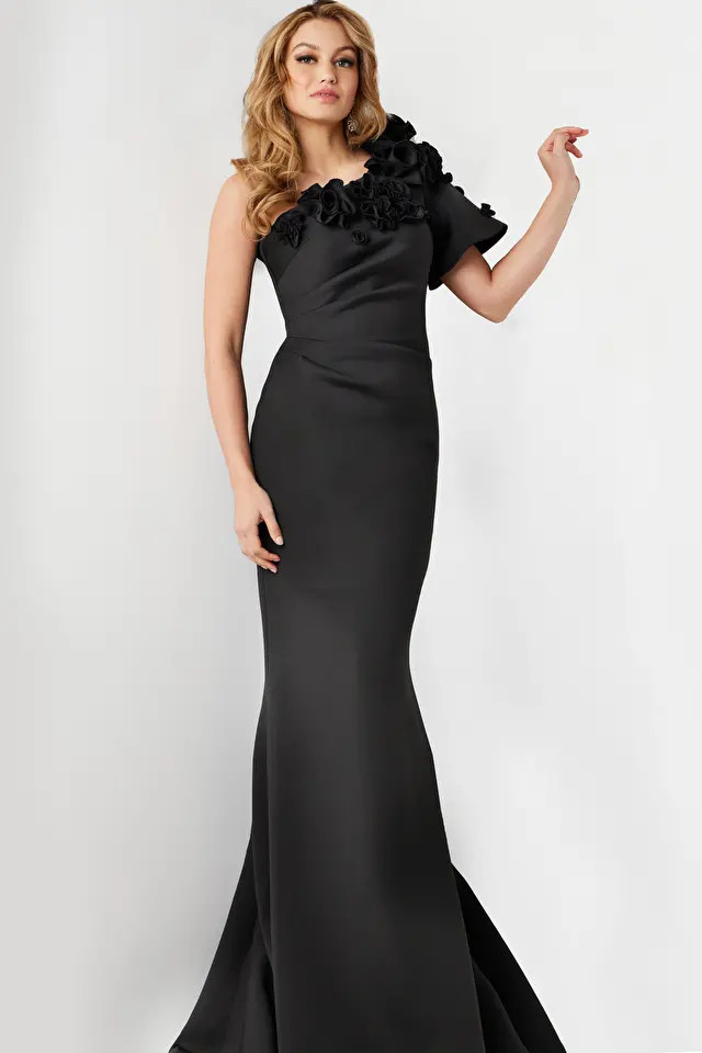 Jovani 24279 Scuba One Shoulder Short Sleeves Fitted Gown