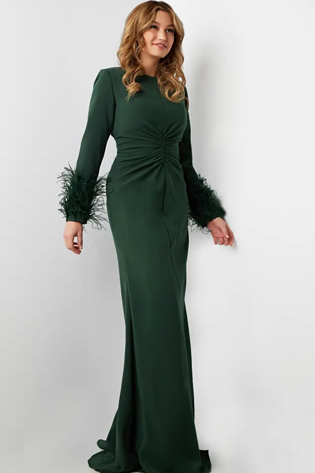 Jovani 25898 Feather Embellished Sleeves Crew Neck Dress