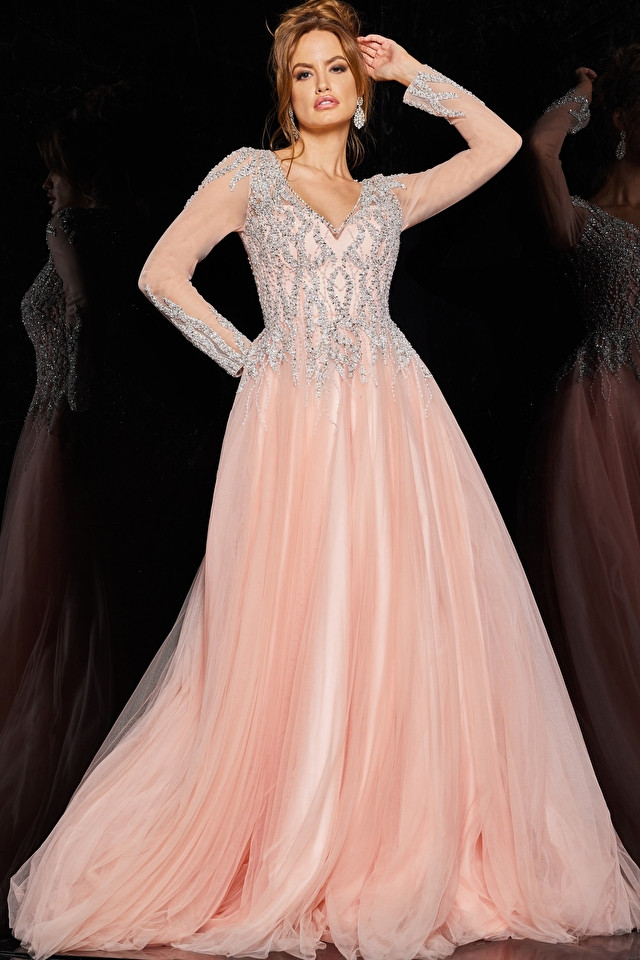 Jovani 36533 Crystal Embellished Long Sleeve V-neck Ballgown
