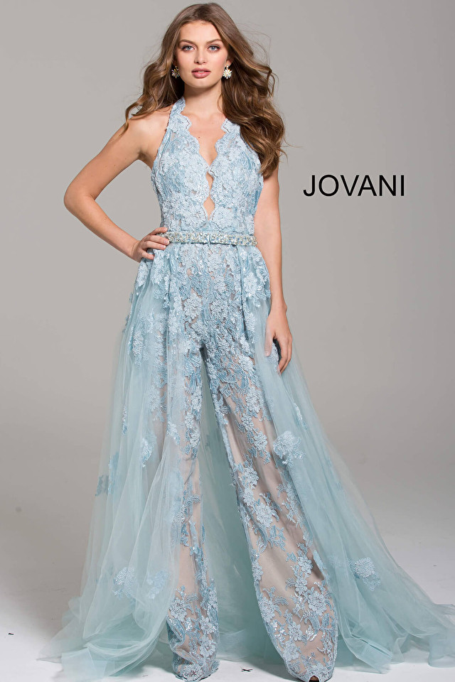 Jovani 60124 Lace Halter Plunging Neck Sleeveless Jumpsuit