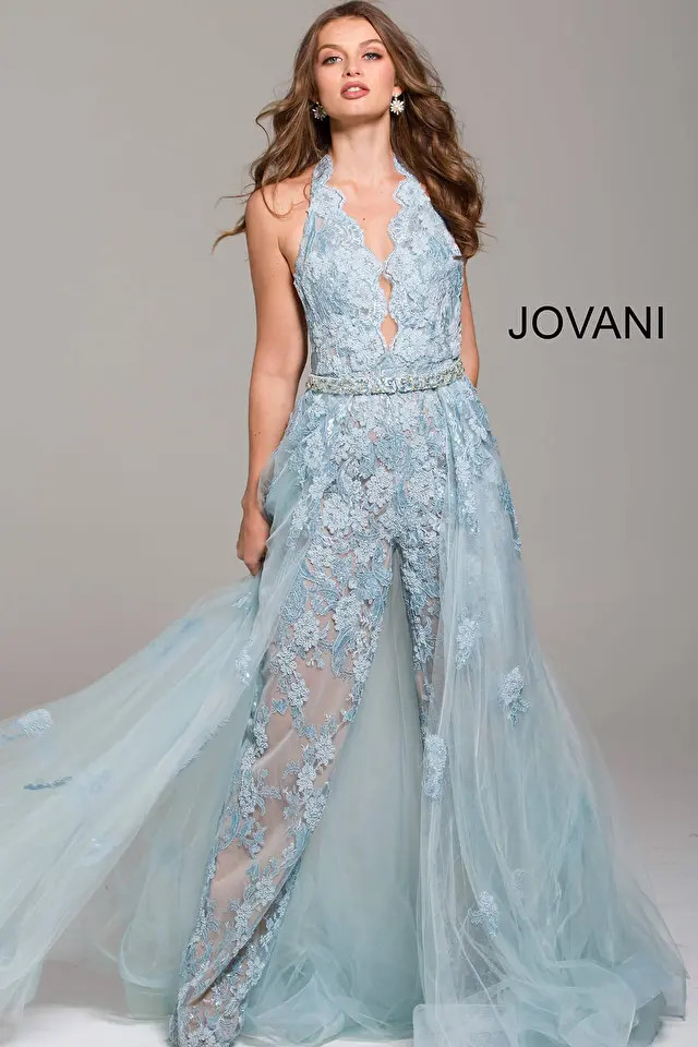 Jovani 60124 Lace Halter Plunging Neck Sleeveless Jumpsuit