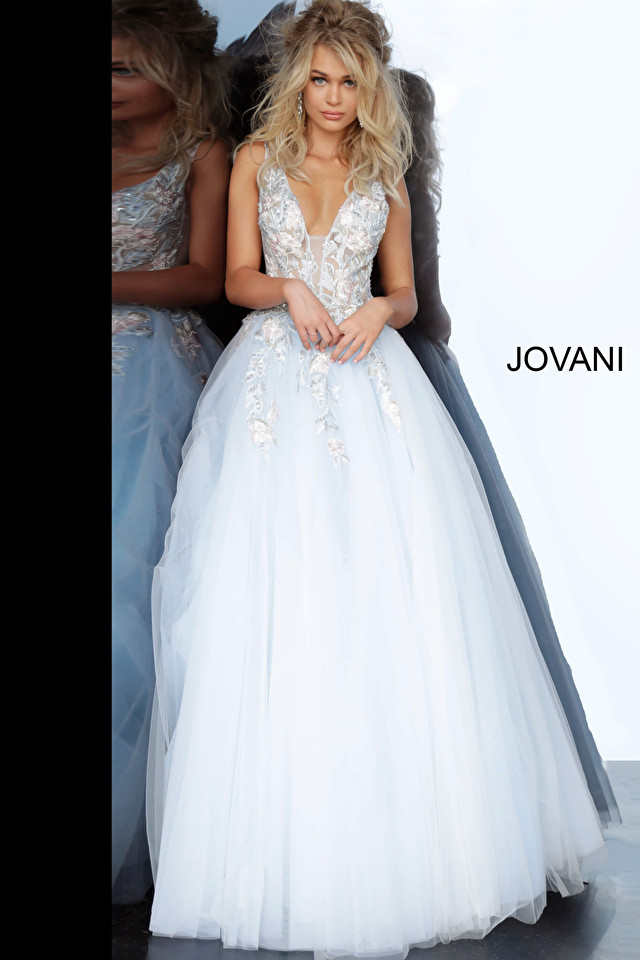 Jovani 11092 Tulle Floral Embroidered Plunging Neck Ballgown