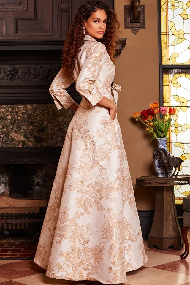 Jovani 23178 Floral Print Long Sleeve V-neck A-Line Gown