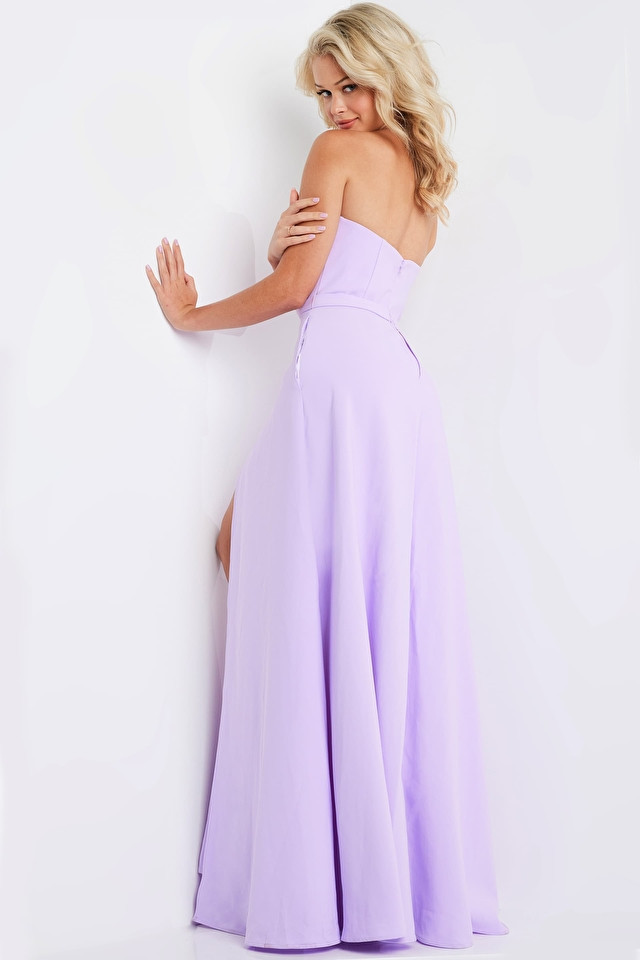 Jovani 23150 Crepe V-neck Strapless High Slit Plain Jumpsuit