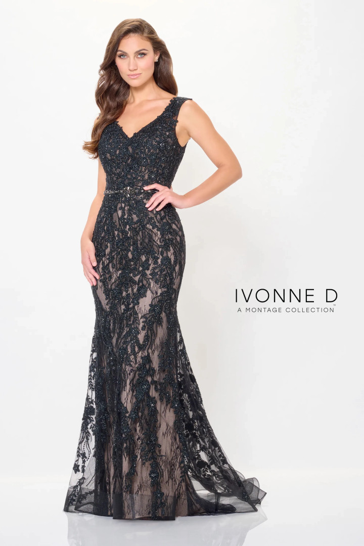 Ivonne D by Mon Cheri ID6207 Allover Lace V-Neck Long Dress