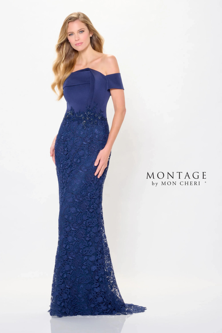 Montage by Mon Cheri M907 Crepe Sequin Off-Shoulder Dress