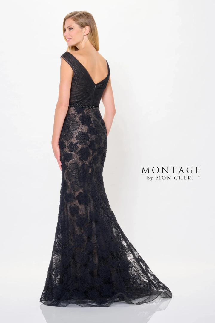 Montage by Mon Cheri M909 Allover Smocked Lace V-Neck Dress