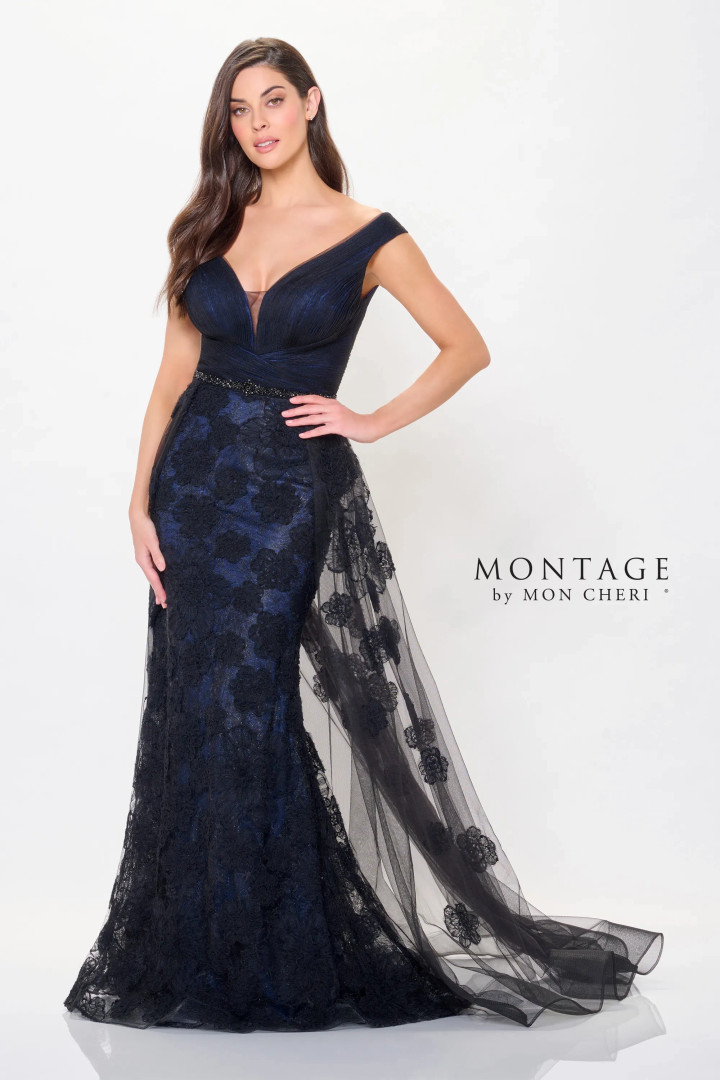 Montage by Mon Cheri M909 Allover Smocked Lace V-Neck Dress