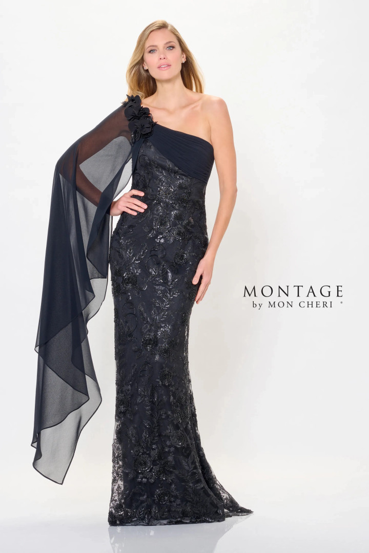 Montage by Mon Cheri M920 Chiffon Asymmetric Neck Long Dress