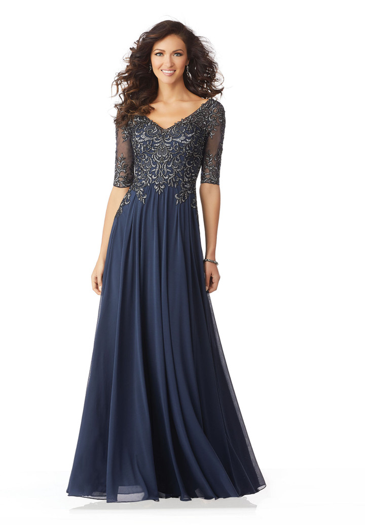 MGNY By Morilee 71805 Stretch Mesh Elbow Sleeve V-neck Gown