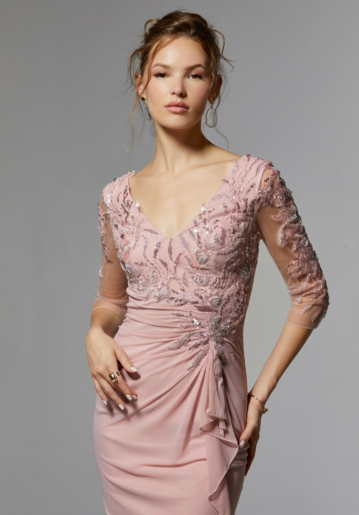 MGNY By Morilee 72909 Stretch Mesh Embroidery V-neck Gown