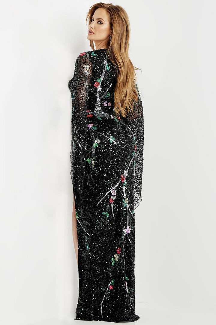 Jovani 22713 Sequin Long Kimono Sleeve V-Neck Column Dress