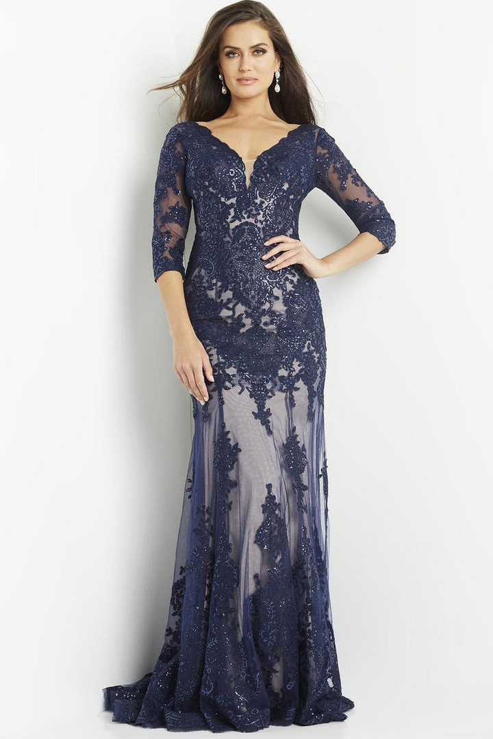 Jovani 09531 Lace V-Neck 3/4 Length Sleeve Train Long Dress