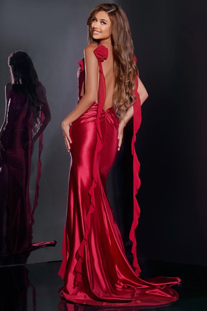 Jovani D5078 Rose Shoulder Thigh-High Slit Elegant Gown
