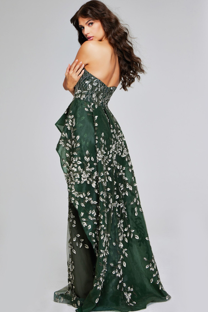 Jovani 37599 Satin Beaded Floral Embroidered Strapless Gown