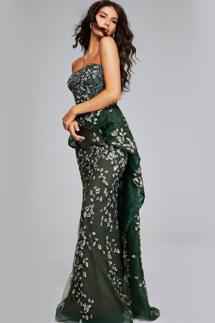 Jovani 37599 Satin Beaded Floral Embroidered Strapless Gown