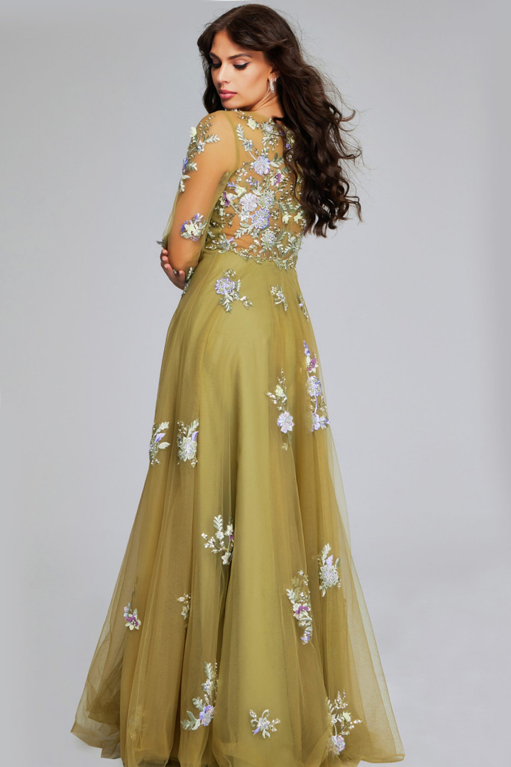 Jovani 37607 Floral Embroidery Deep V-Neck Long-Sleeve Gown