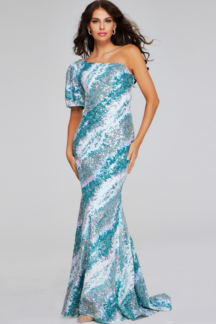 Jovani 39077 Jersey Sequin One-Shoulder Short Sleeve Gown