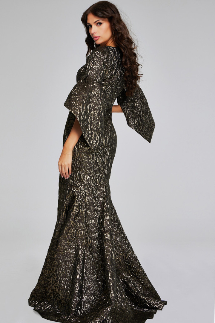 Jovani 39080 Metallic Square Neck Bell Long Sleeves Gown