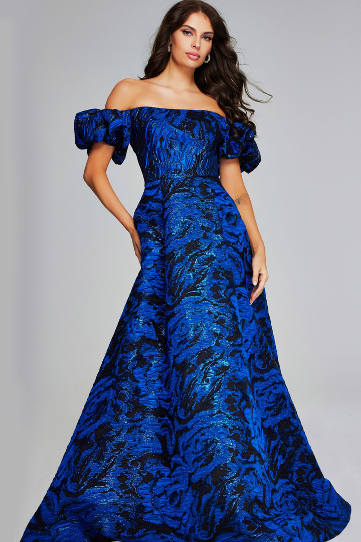 Jovani 40315 Print Short Puff Sleeves Off-Shoulder Long Gown