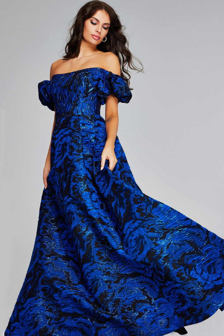 Jovani 40315 Print Short Puff Sleeves Off-Shoulder Long Gown