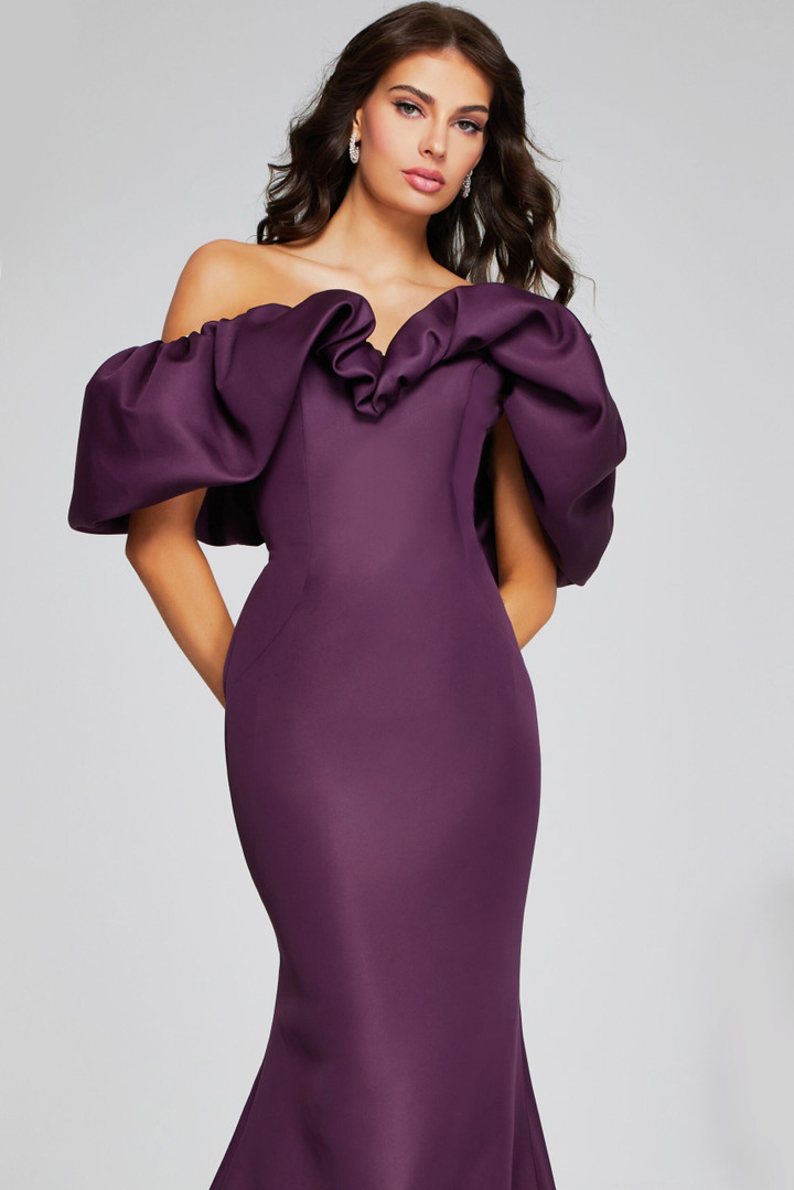 Jovani 40596 Satin Dramatic Ruffled Sleeve Off-Shoulder Gown