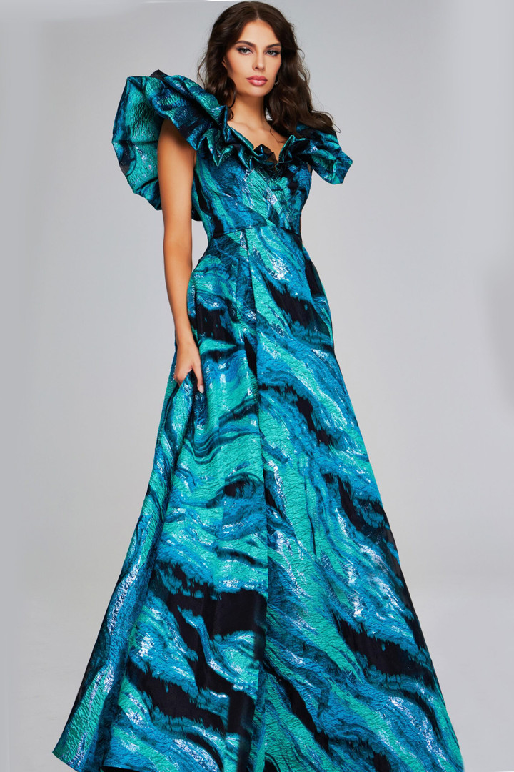 Jovani 40696 Ruffled V-Neckline Multi-Print Pleated Gown