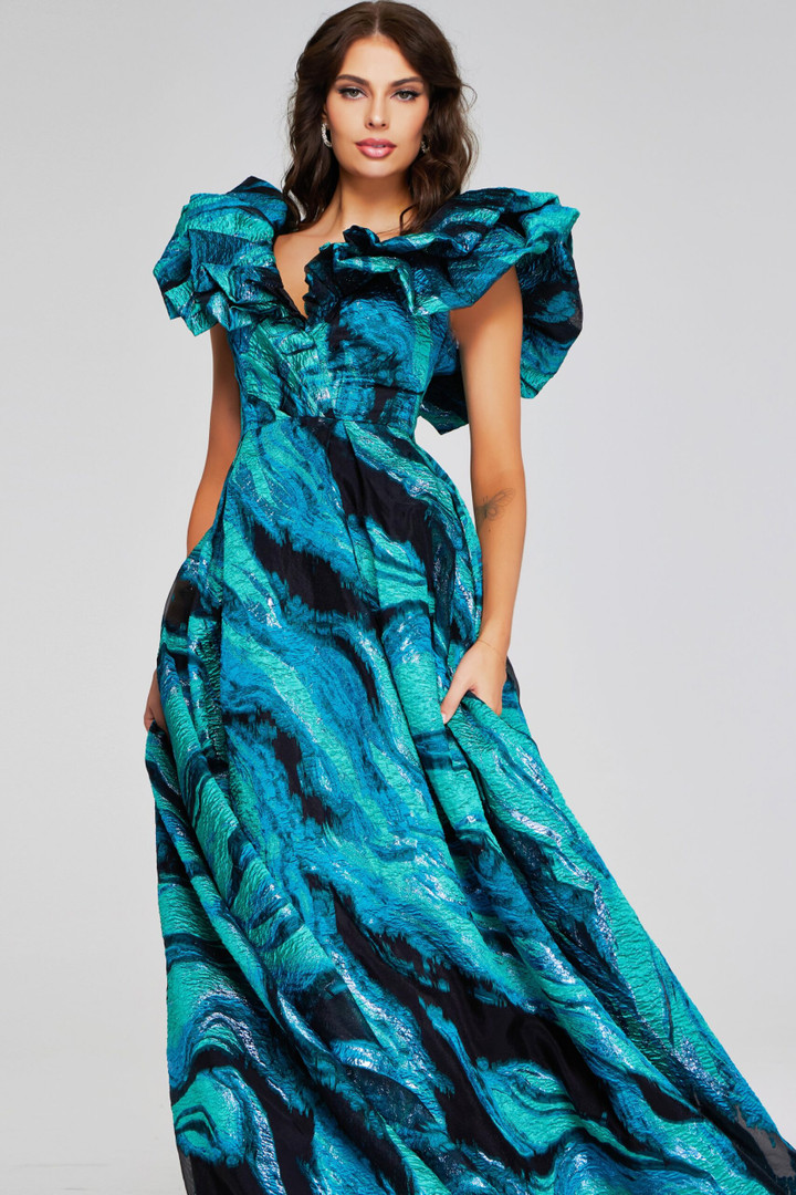 Jovani 40696 Ruffled V-Neckline Multi-Print Pleated Gown