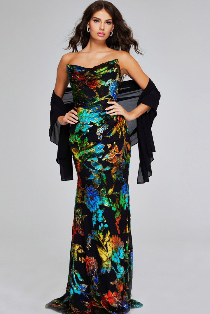 Jovani 42164 Multi-Color Floral Pattern Strapless Long Gown